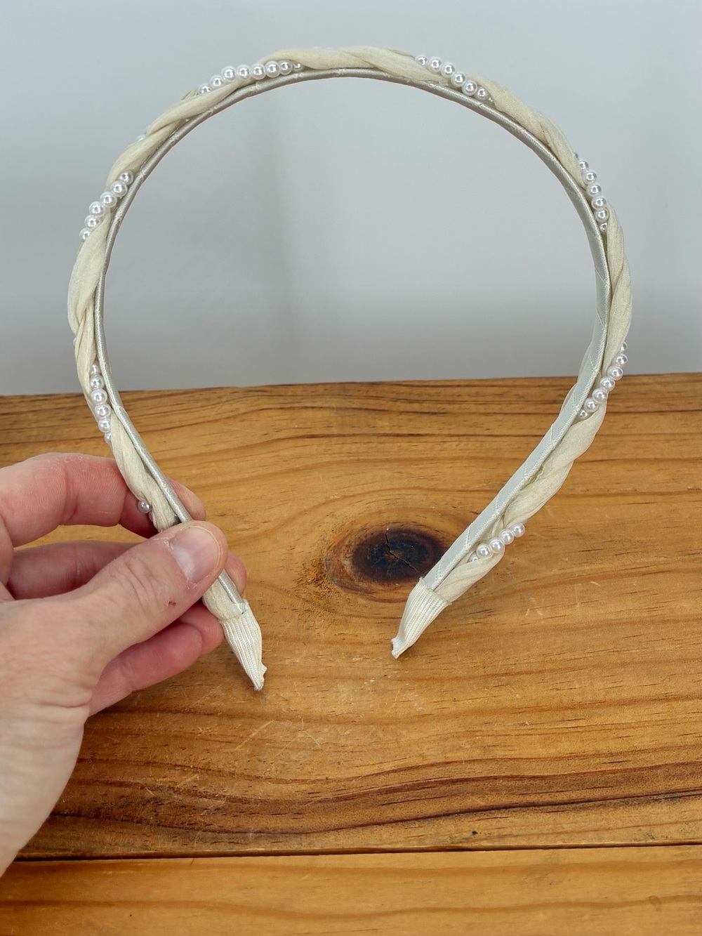 Boutique White Organza Braided Pearl Accent Twist High Crown Skinny Headband - Picture 5 of 5